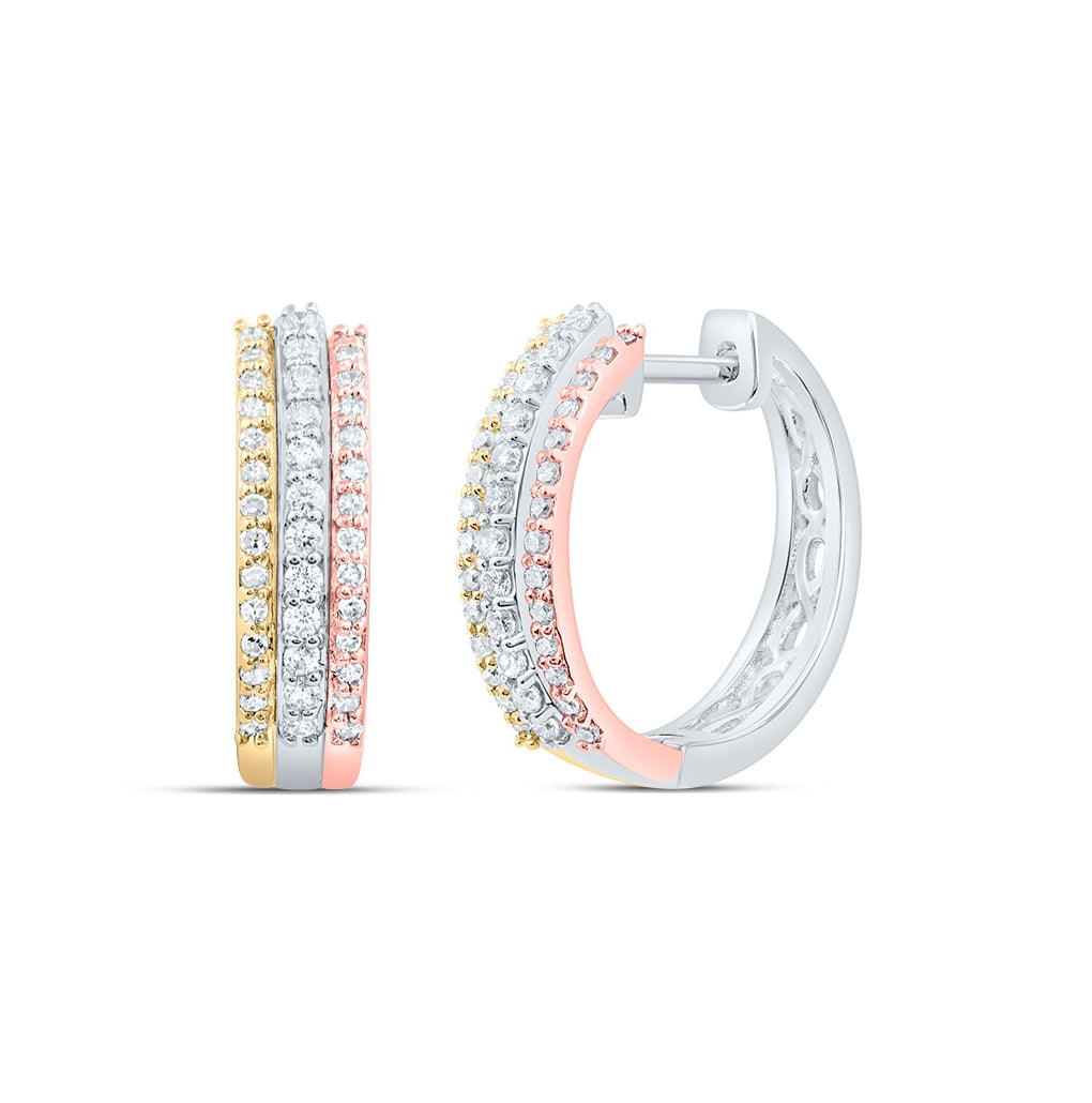 10K Tri-Tone Gold Womens Round Diamond Hoop Earrings 1/4 Cttw