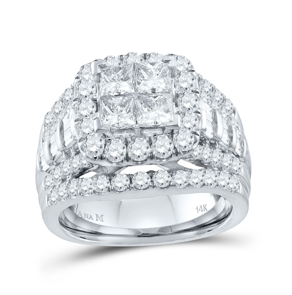 14K White Gold Princess Diamond Cluster Halo Bridal Wedding Engagement Ring 3 Cttw, Womens Size: 5-10