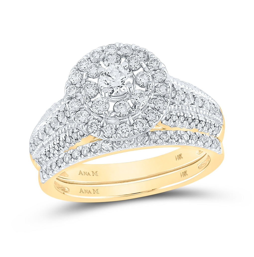 14K Yellow Gold Round Diamond Halo Bridal Wedding Ring Band Set 1 Cttw, Womens Size: 5-10