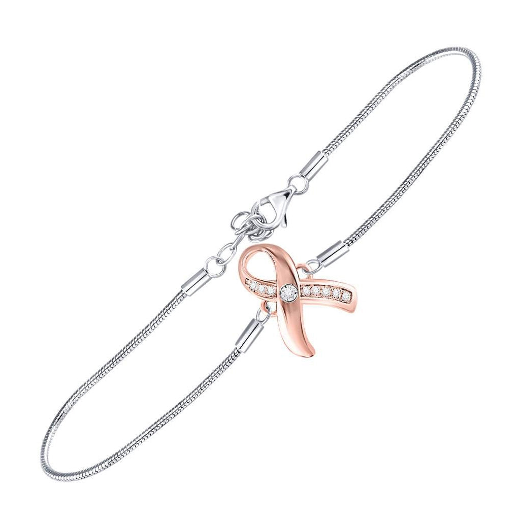Sterling Silver Womens Round Diamond Pink Awareness Ribbon Fashion Bracelet 1/20 Cttw