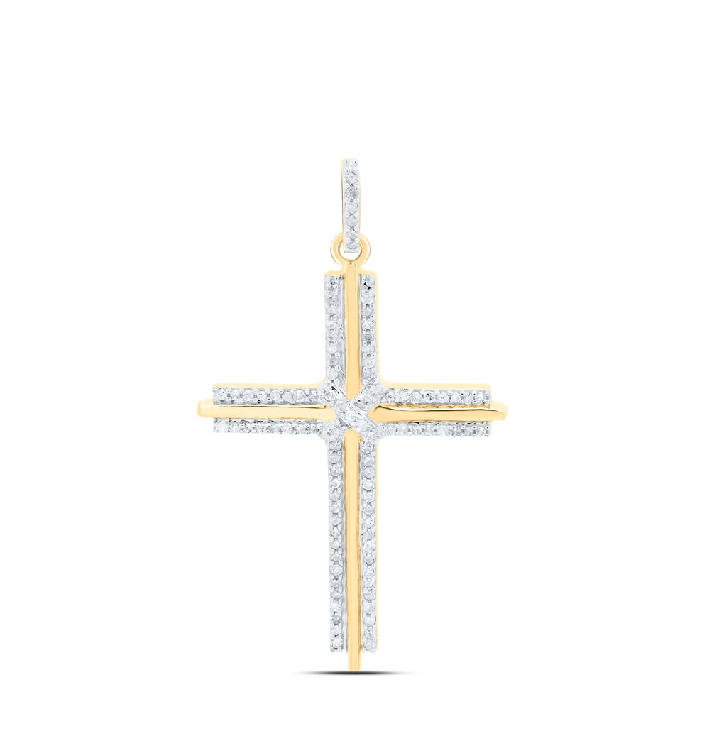 10K Yellow Gold Mens Round Diamond Cross Charm Pendant 1/4 Cttw, Length: 1.48 In, Width: 0.9 In