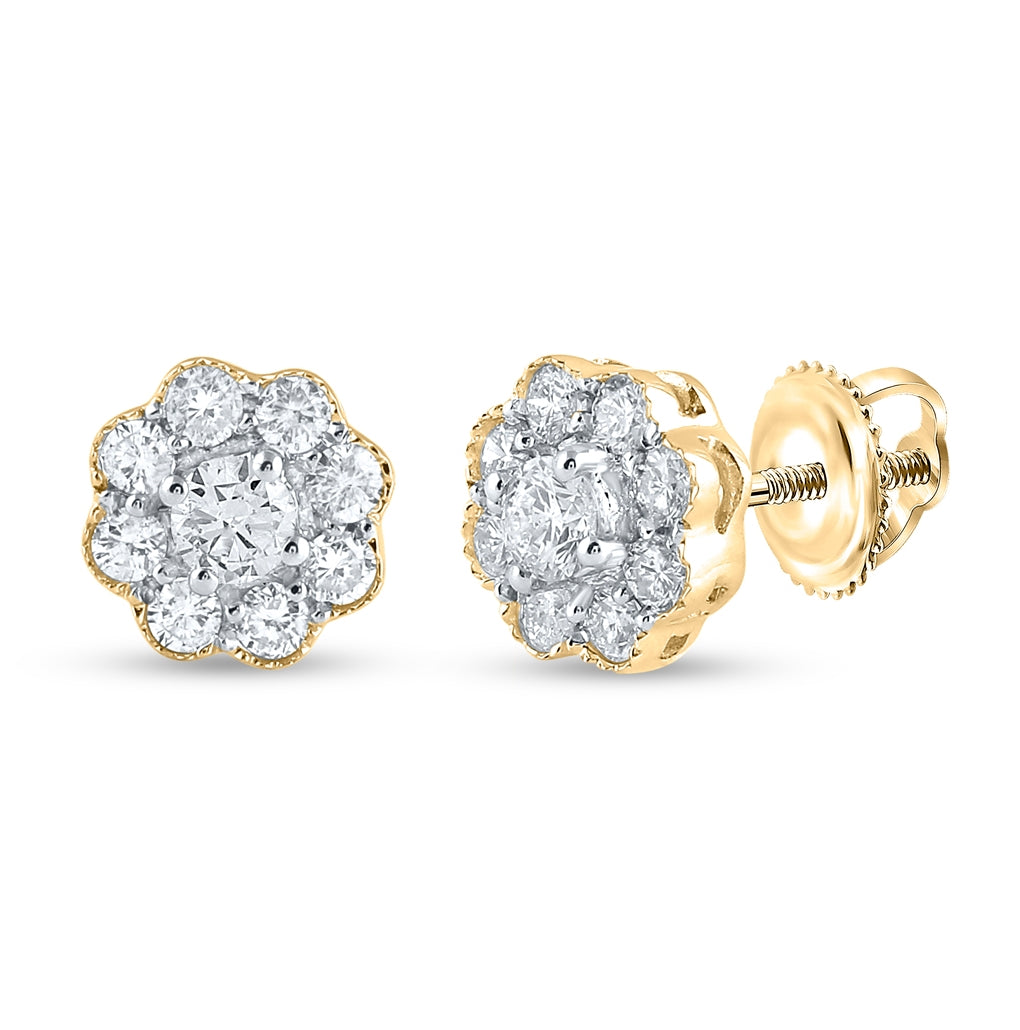 14K Yellow Gold Womens Round Diamond Flower Cluster Earrings 1/2 Cttw