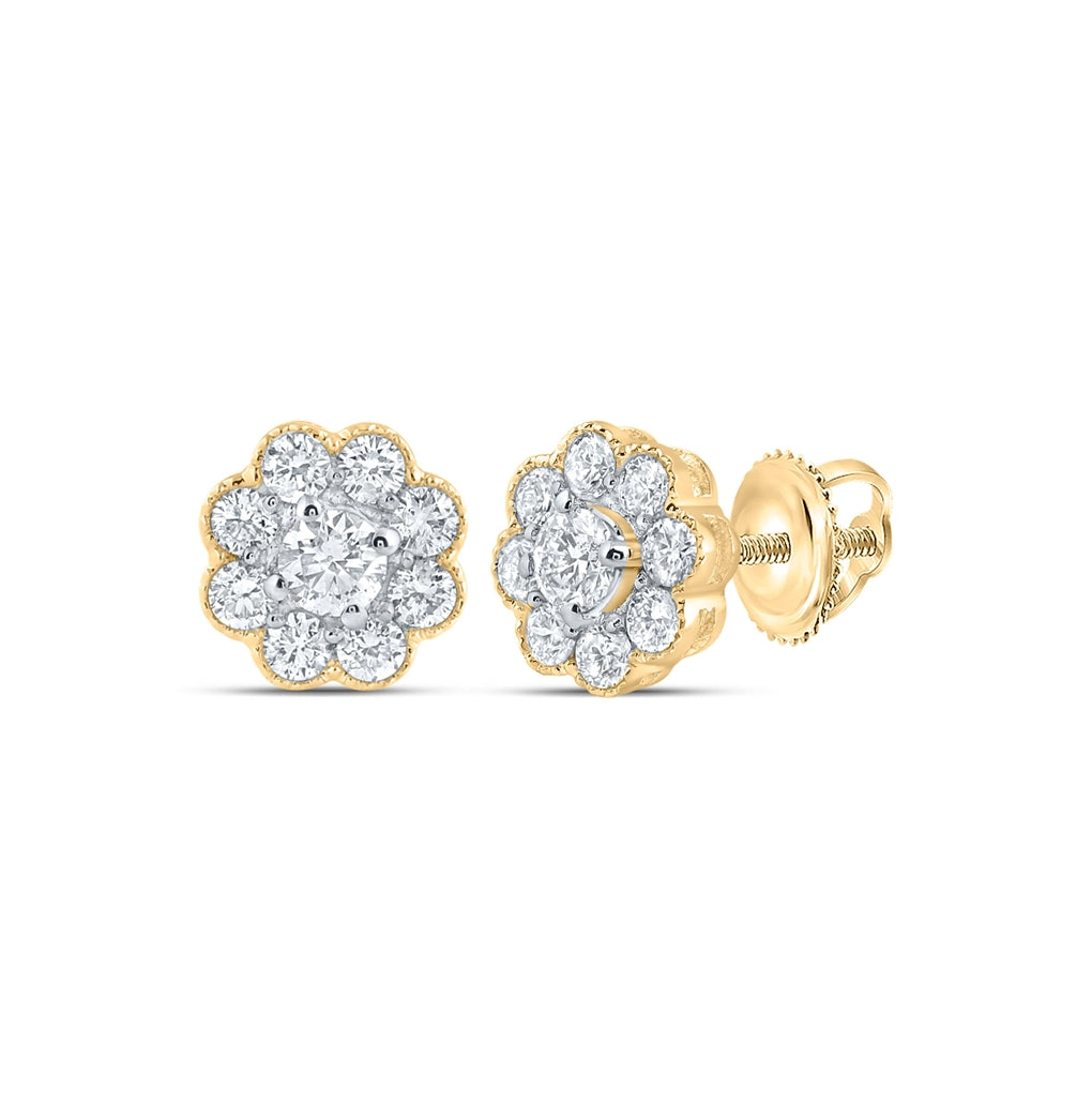14K Yellow Gold Womens Round Diamond Flower Cluster Earrings 3/4ctw