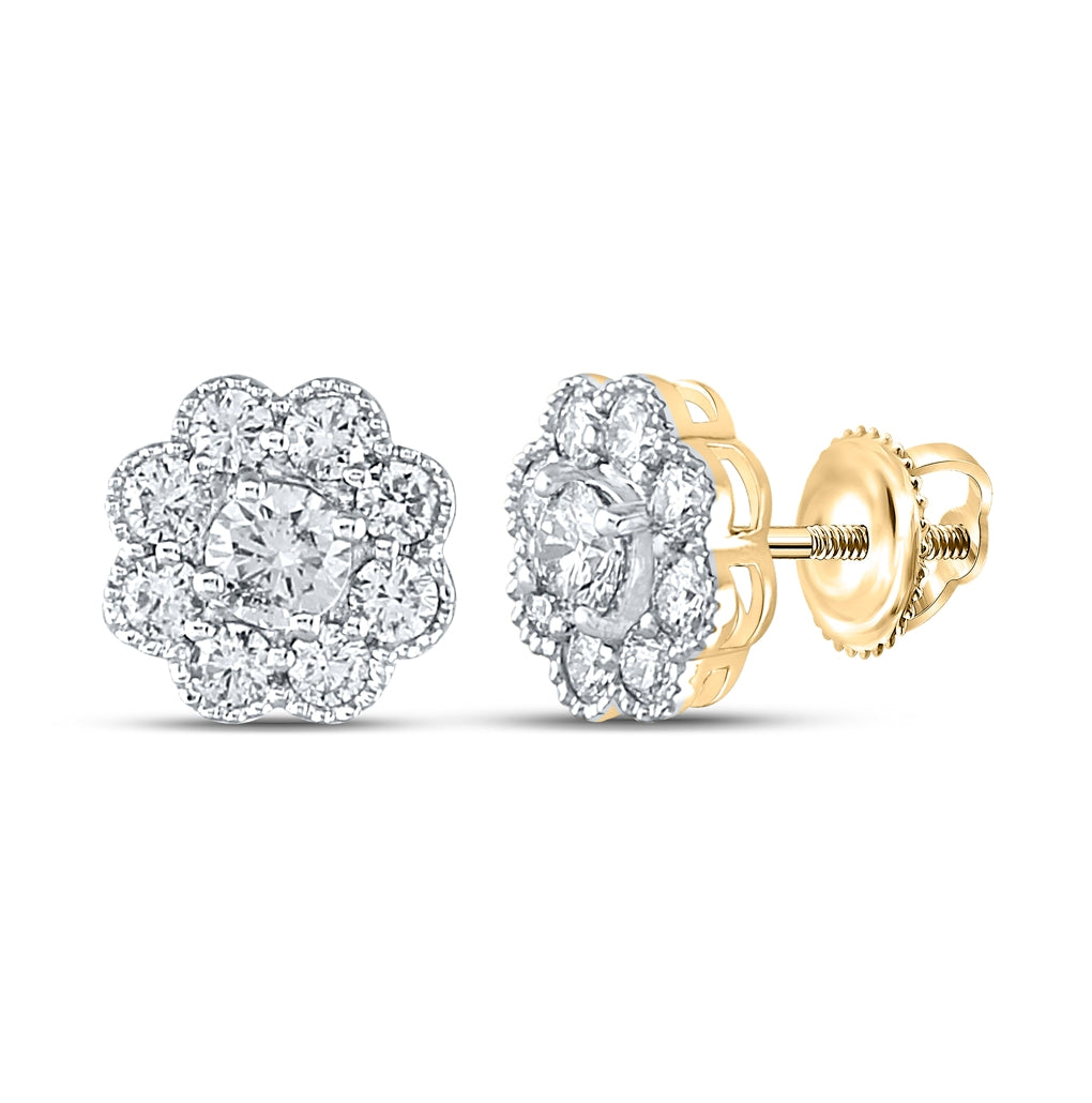 14K Yellow Gold Womens Round Diamond Cluster Earrings 1 Cttw, Length: 0.35 In, Width: 0.35 In