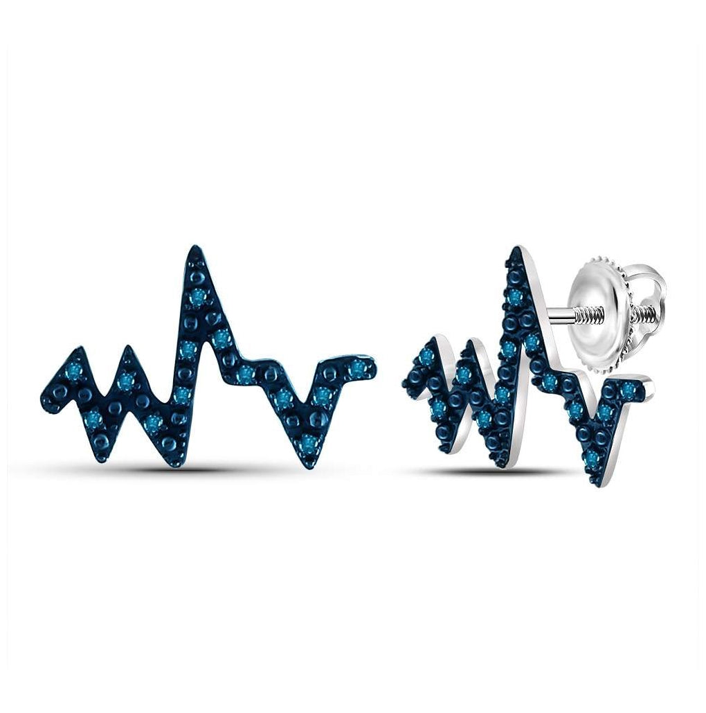 14K White Gold Womens Round Blue Color Enhanced Diamond Heartbeat Earrings 1/12 Cttw