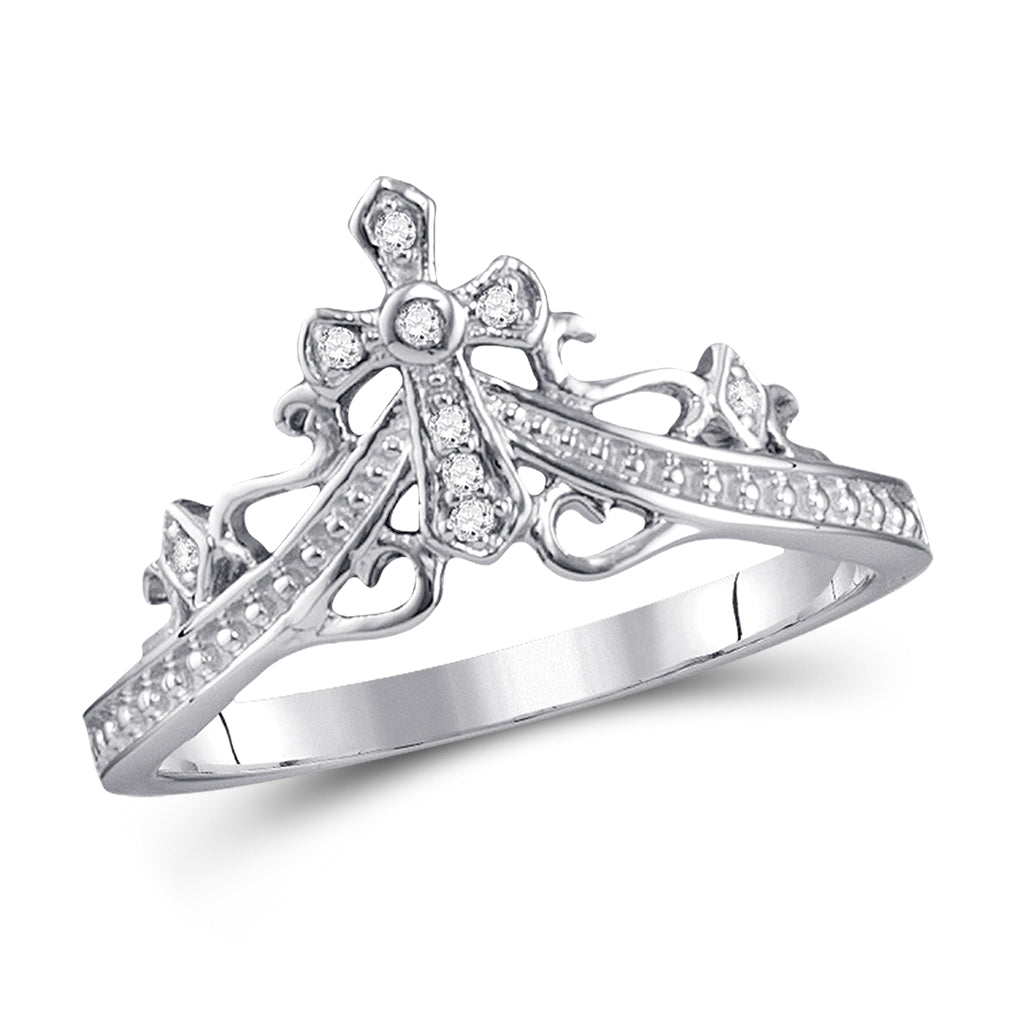 14kt White Gold Womens Round Diamond Cross Crown Tiara Band Ring 1/20 Cttw