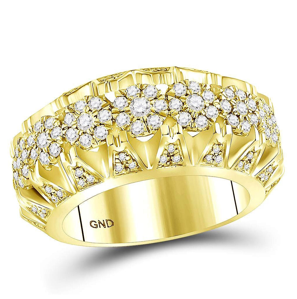 14K Yellow Gold Mens Round Diamond Cluster Luxury Band Ring 1-1/2 Cttw, Mens Size: 7-13