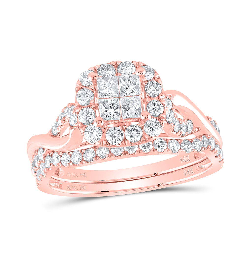 14K Rose Gold Princess Diamond Halo Bridal Wedding Ring Band Set 1 Cttw, Womens Size: 5-10
