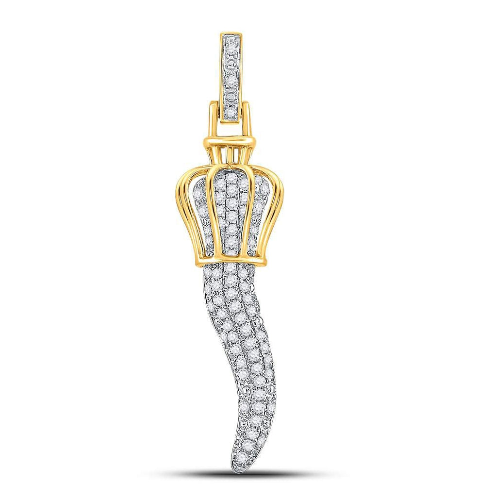 10K Yellow Gold Mens Round Diamond Italian Horn Charm Pendant 1/2 Cttw, Length: 1.63 In, Width: 0.28 In