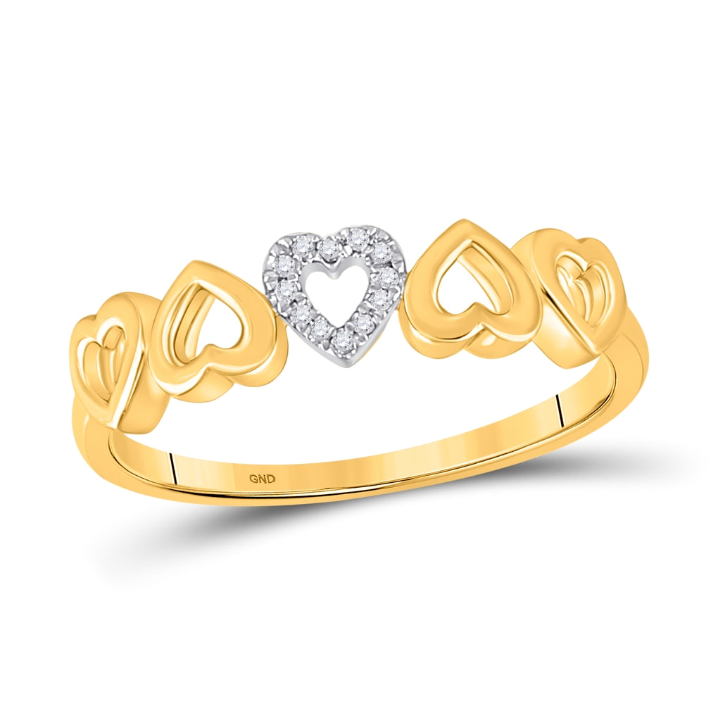 10K Yellow Gold Womens Round Diamond Alternating Heart Band Ring .03 Cttw, Womens Size: 5-10