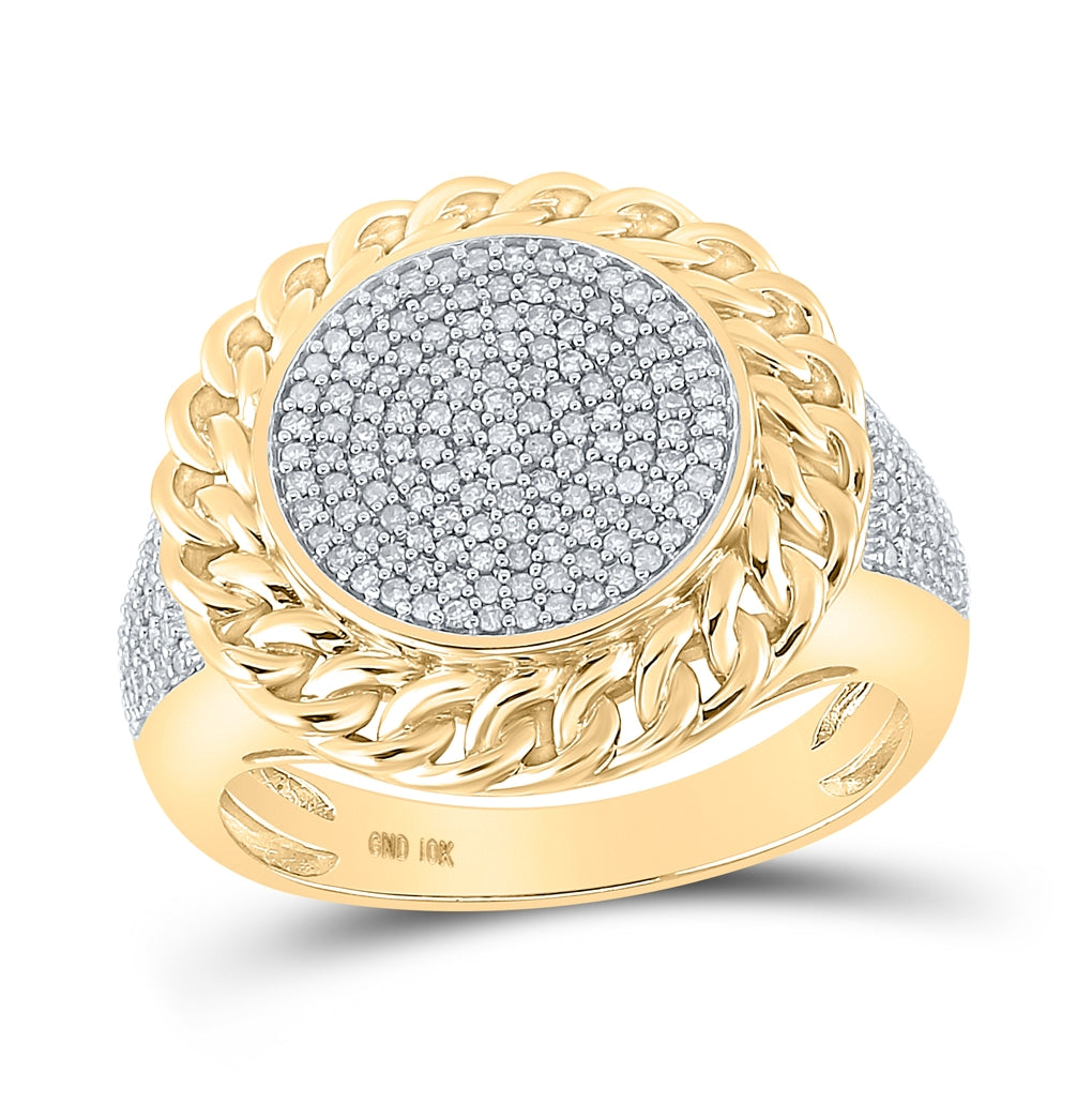 10K Yellow Gold Mens Round Diamond Cuban Link Circle Ring 1/2 Cttw, Mens Size: 7-13