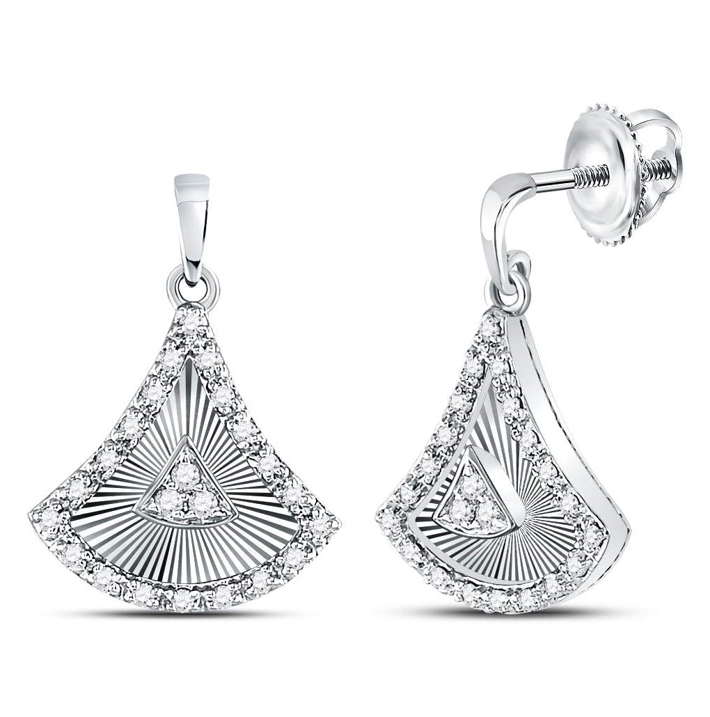 10K White Gold Womens Round Diamond Fan Dangle Earrings 1/5 Cttw