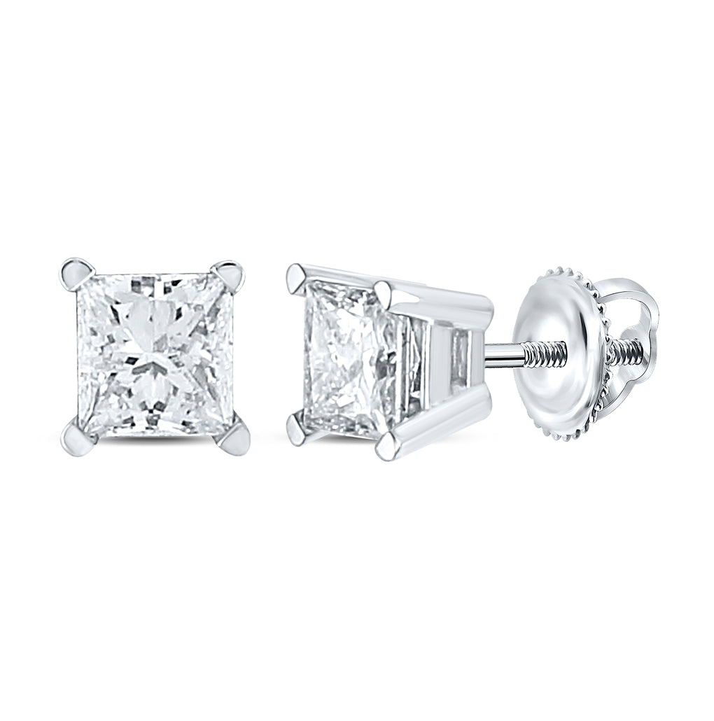 14kt White Gold Unisex Princess Diamond Solitaire Stud Earrings 7/8 Cttw
