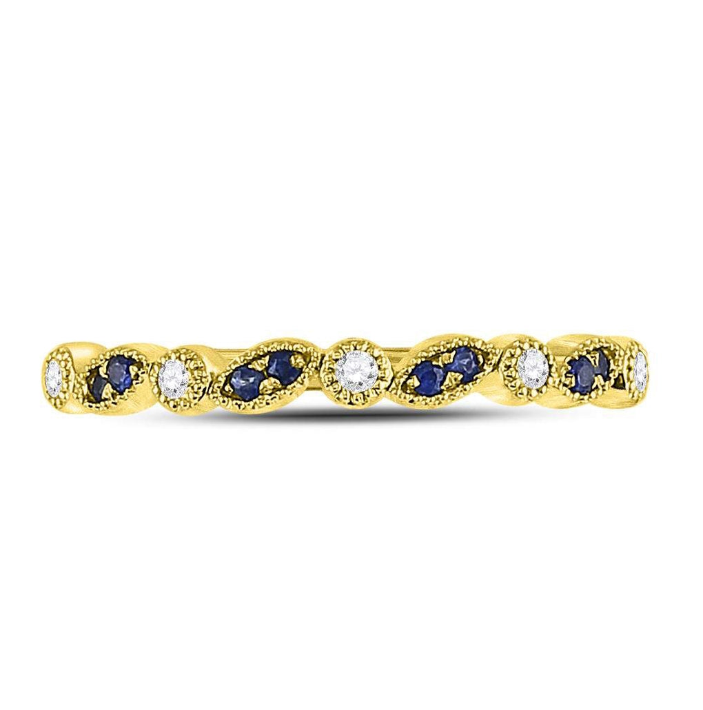 10kt Yellow Gold Womens Round Blue Sapphire Diamond Stackable Band Ring 1/10 Cttw