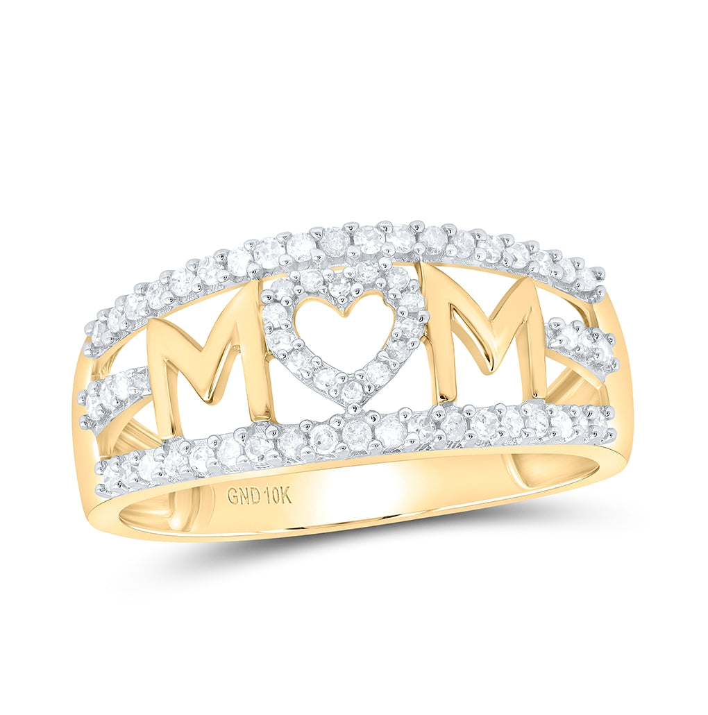 10K Yellow Gold Womens Round Diamond Mom Heart Band Ring 1/4 Cttw, Womens Size: 5-10