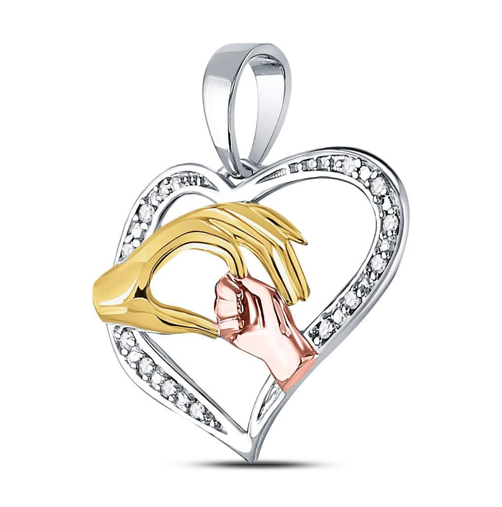 10kt Tri-tone Gold Womens Round Diamond Mom Mother Child Hands Pendant 1/12 Cttw