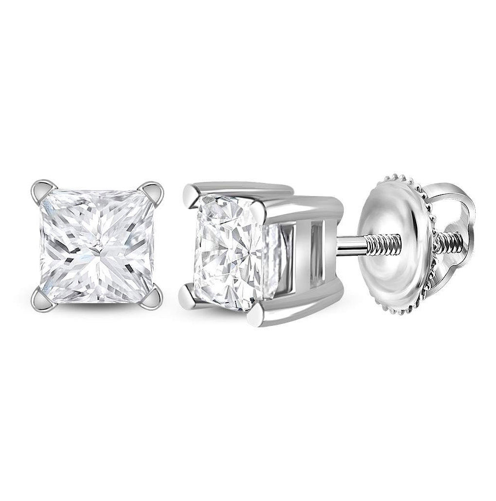 14K White Gold Womens Princess Diamond Solitaire Earring 3/4ct.