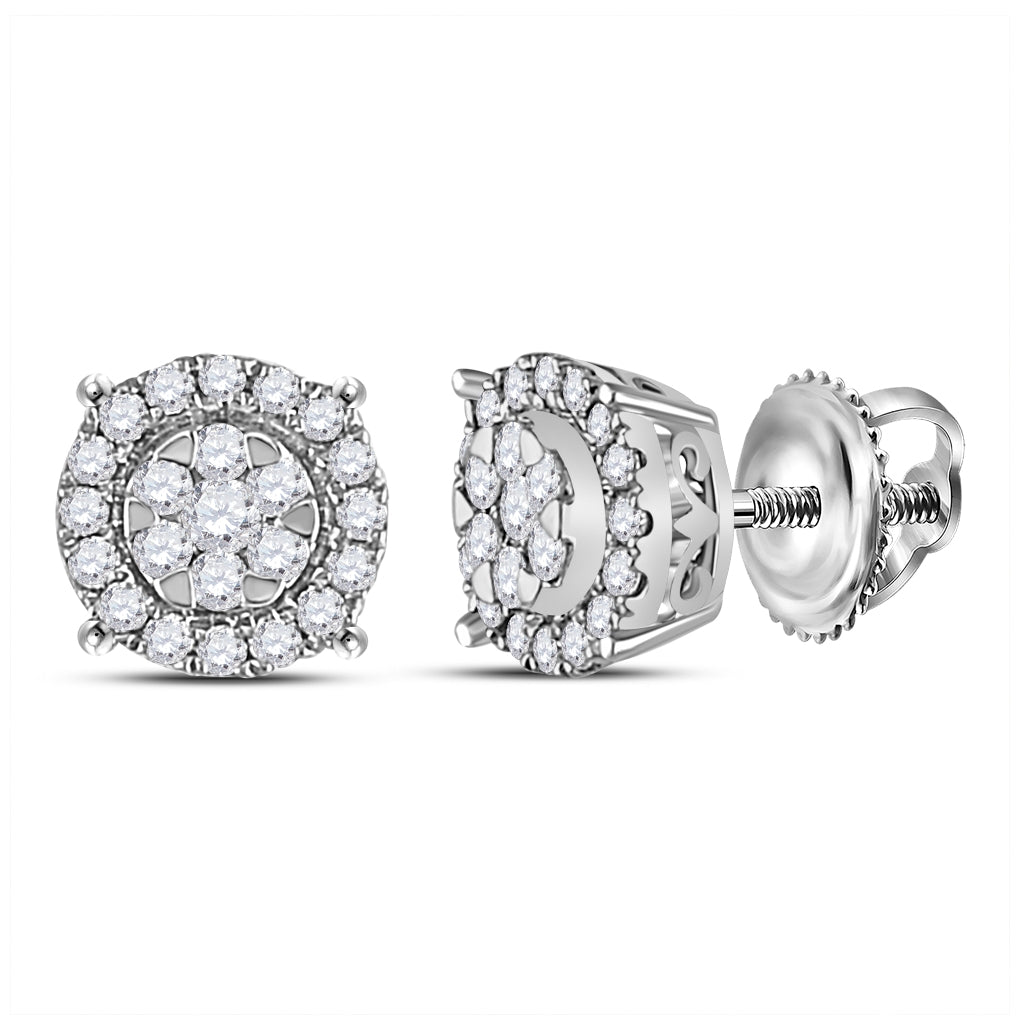 14K White Gold Womens Round Diamond Circle Halo Cluster Earrings 1/4 Cttw