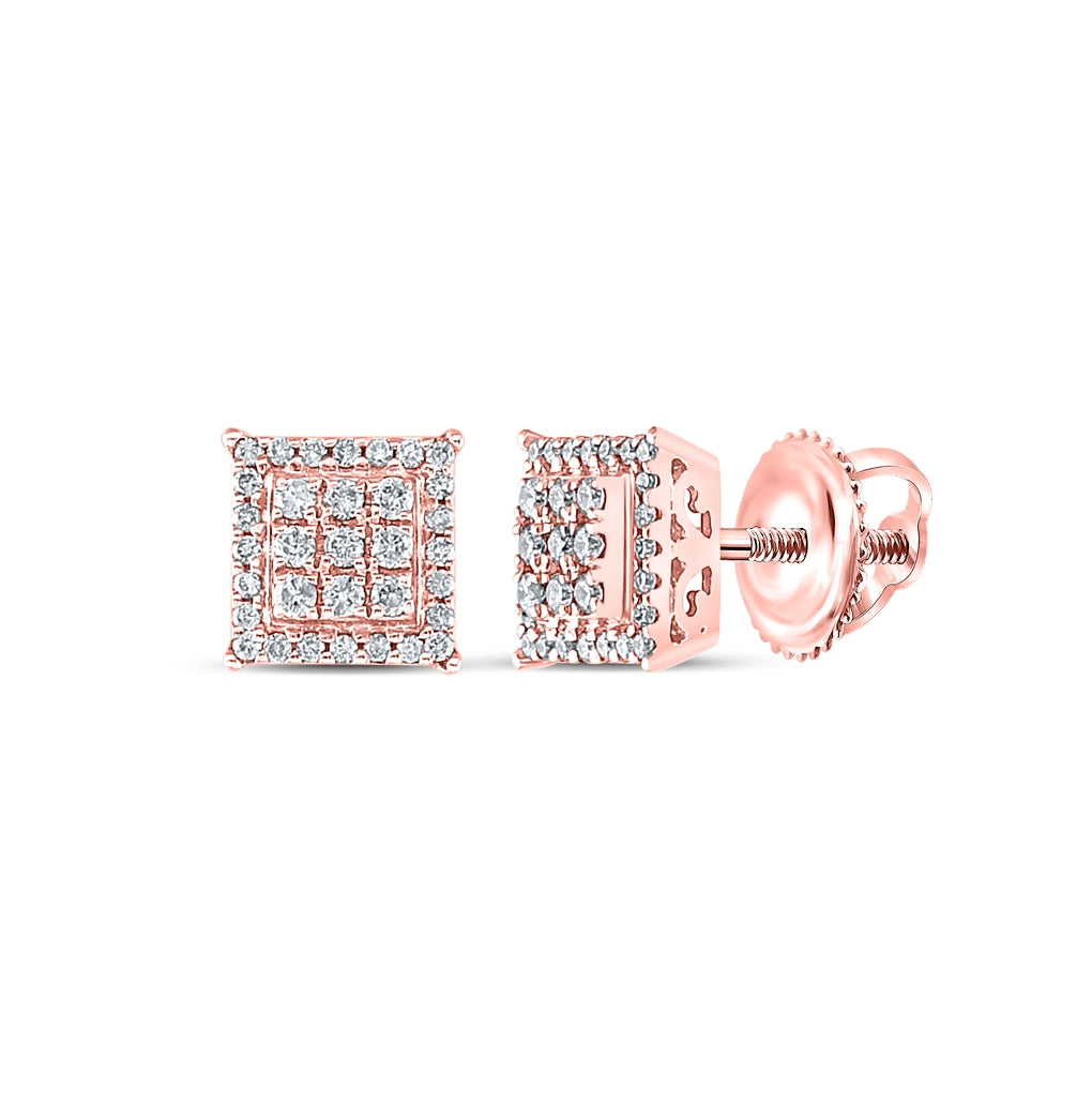 14K Rose Gold Womens Round Diamond Square Cluster Earrings 1/4 Cttw