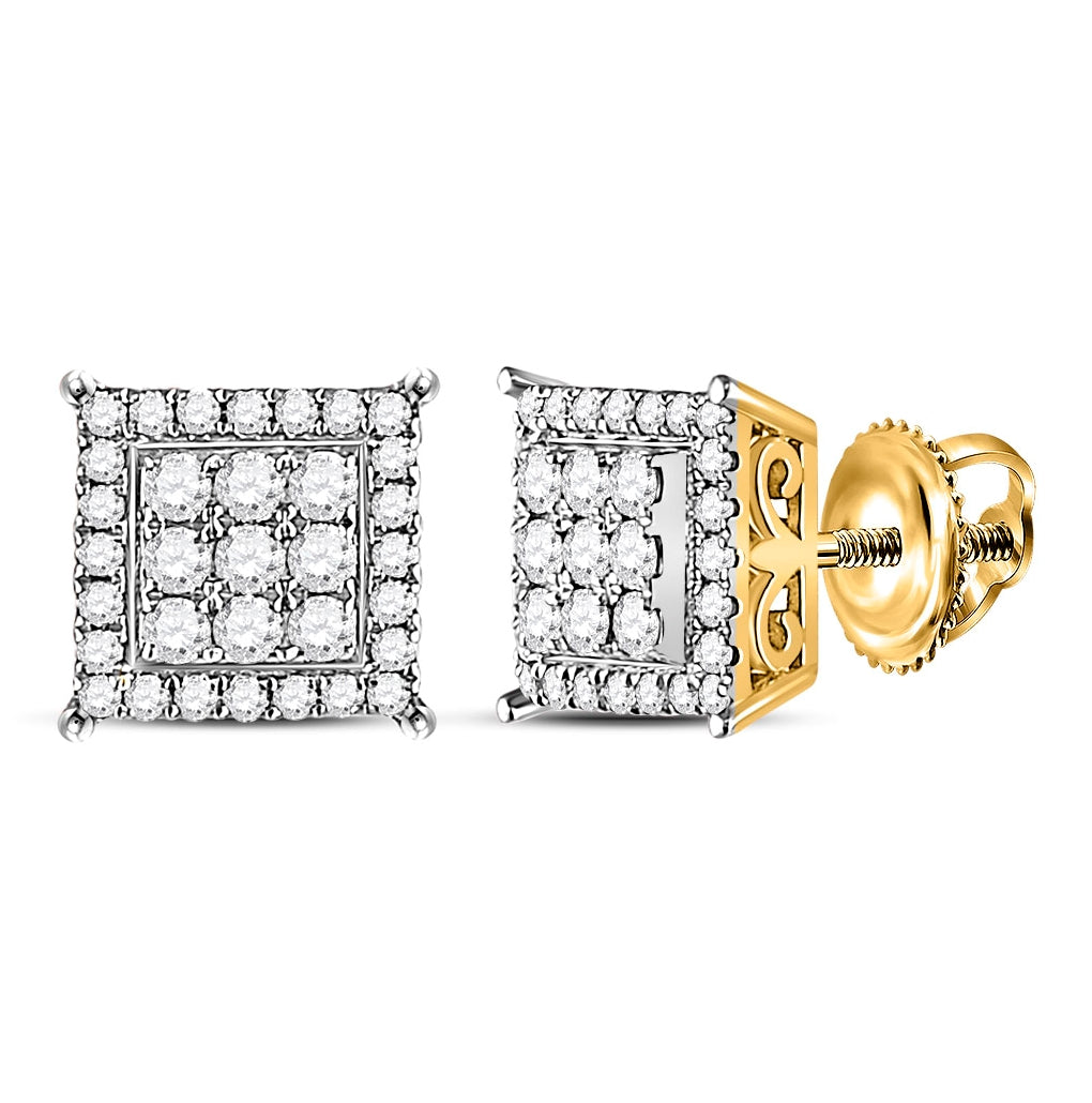14K Yellow Gold Womens Round Diamond Square Earrings 1/2 Cttw