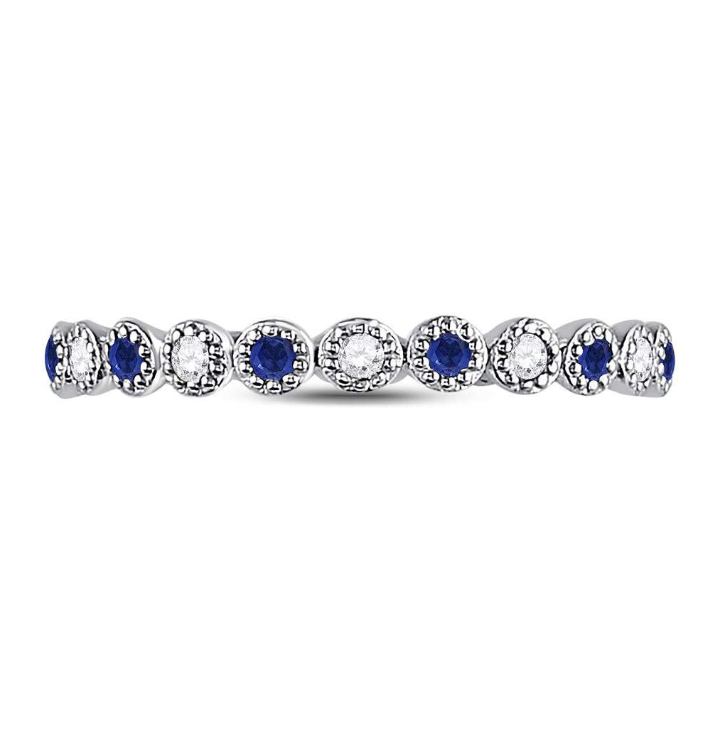 10kt White Gold Womens Round Blue Sapphire Diamond Beaded Dot Stackable Band Ring 1/6 Cttw