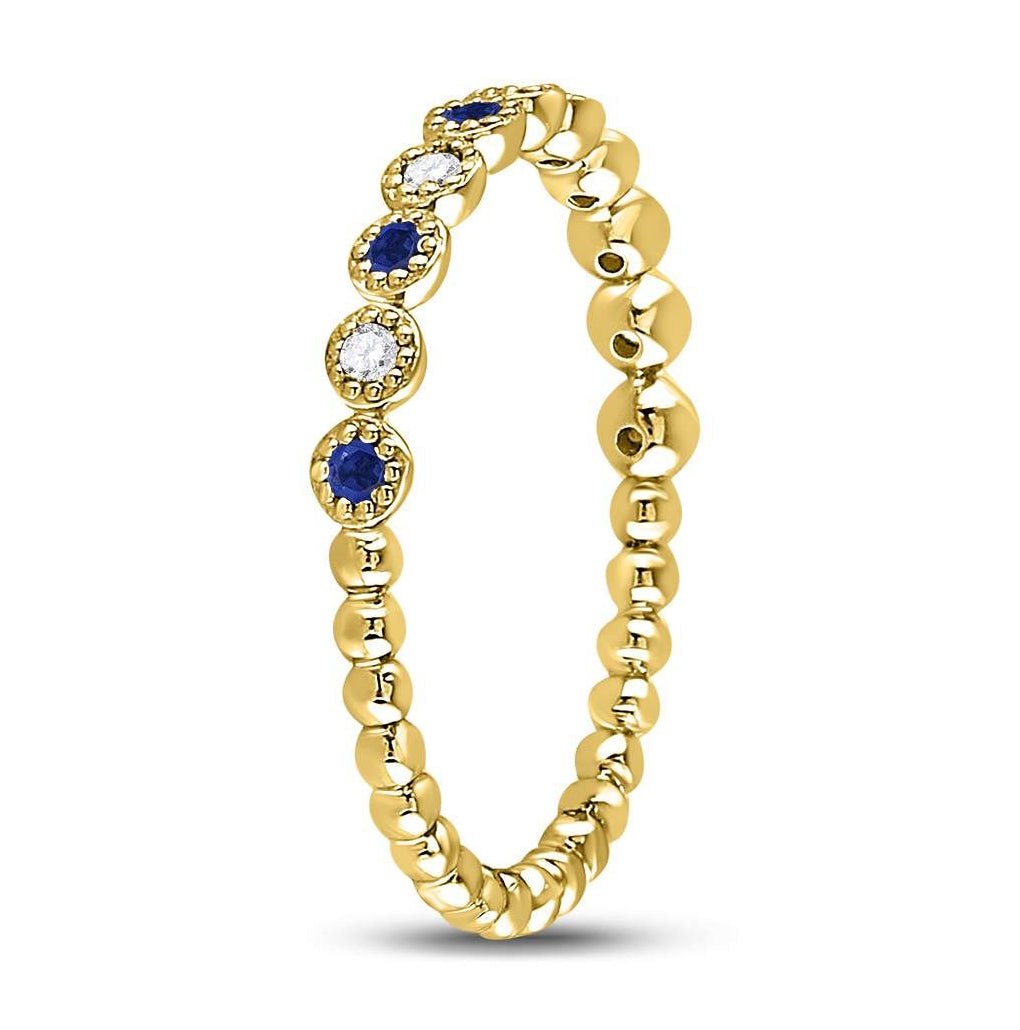10kt Yellow Gold Womens Round Blue Sapphire Diamond Beaded Dot Stackable Band Ring 1/6 Cttw