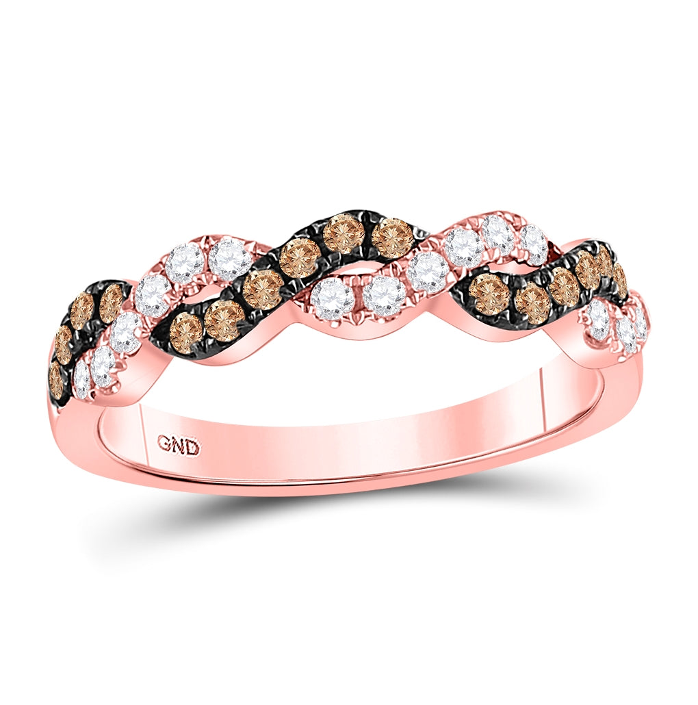 10K Rose Gold Womens Round Brown Diamond Twist Band Ring 1/2 Cttw, Womens Size: 5-10