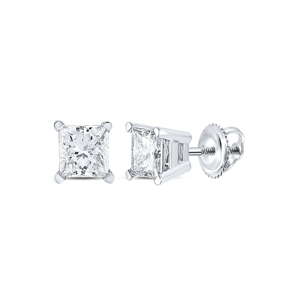 14K White Gold Unisex Princess Diamond Solitaire Stud Earring 1/2ctw