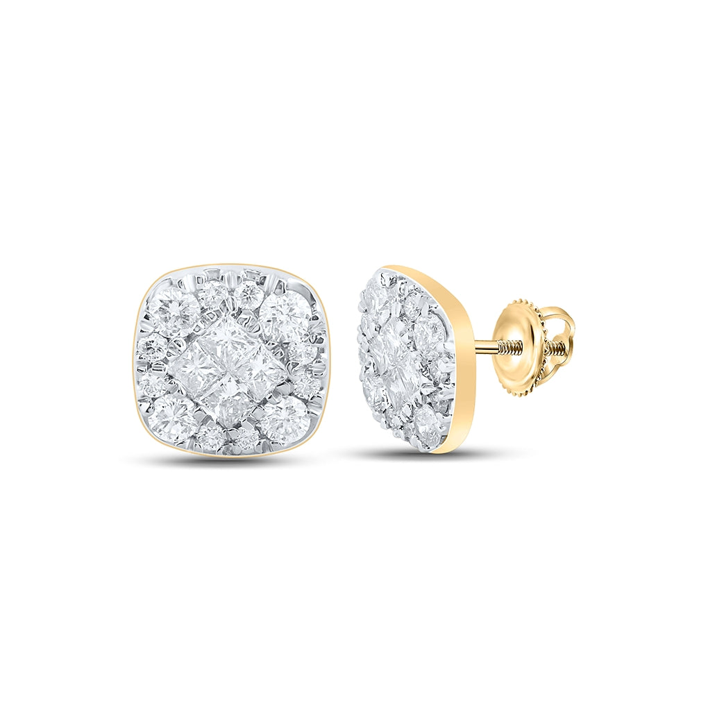 14K Yellow Gold Womens Princess Round Diamond Square Earrings 1 Cttw
