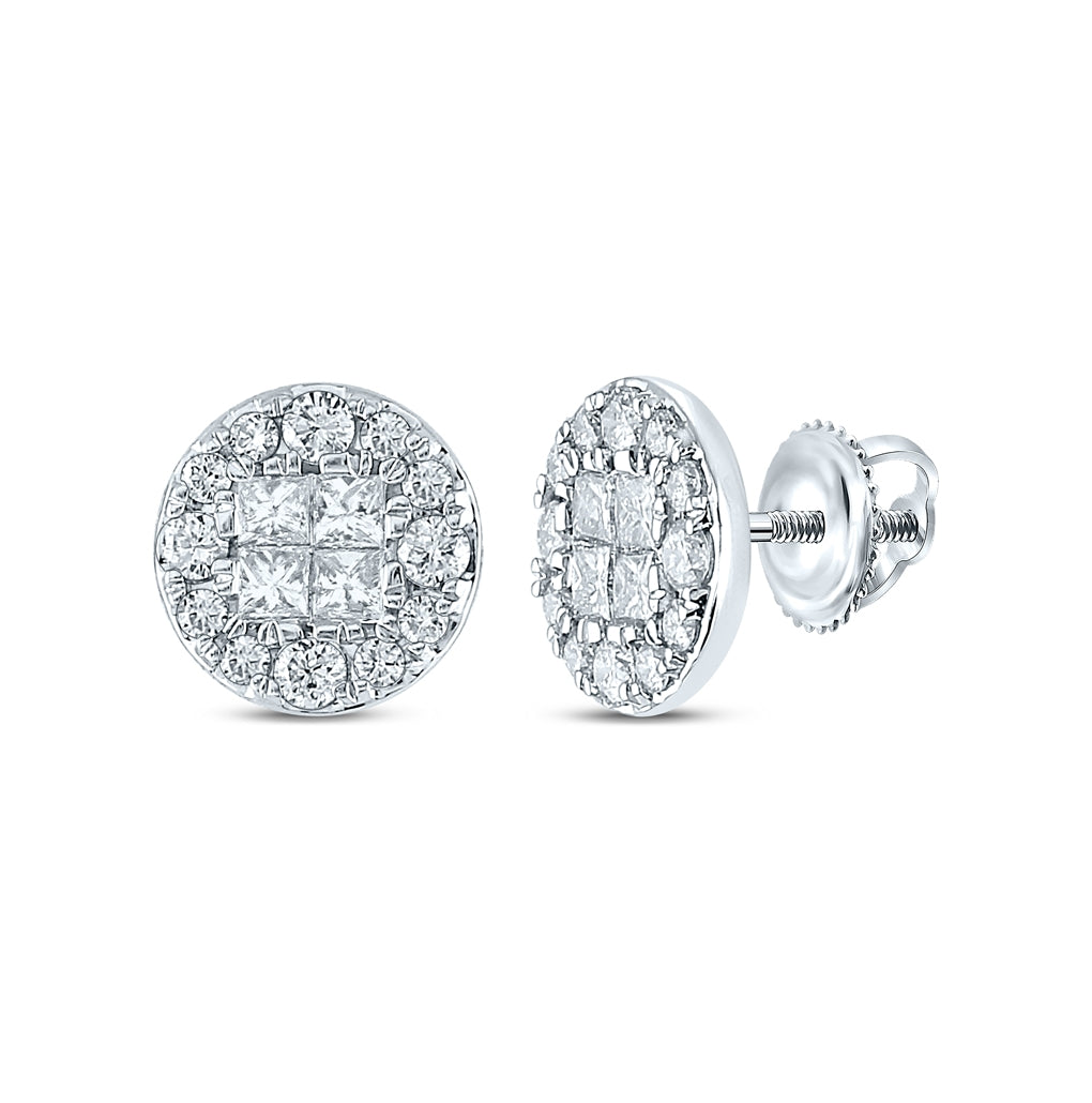 14K White Gold Womens Princess Round Diamond Cluster Earrings 1 Cttw