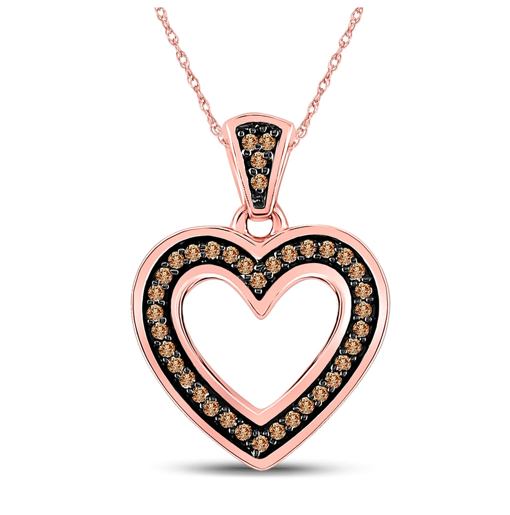 10K Rose Gold Womens Round Brown Diamond Heart Pendant 1/10 Cttw