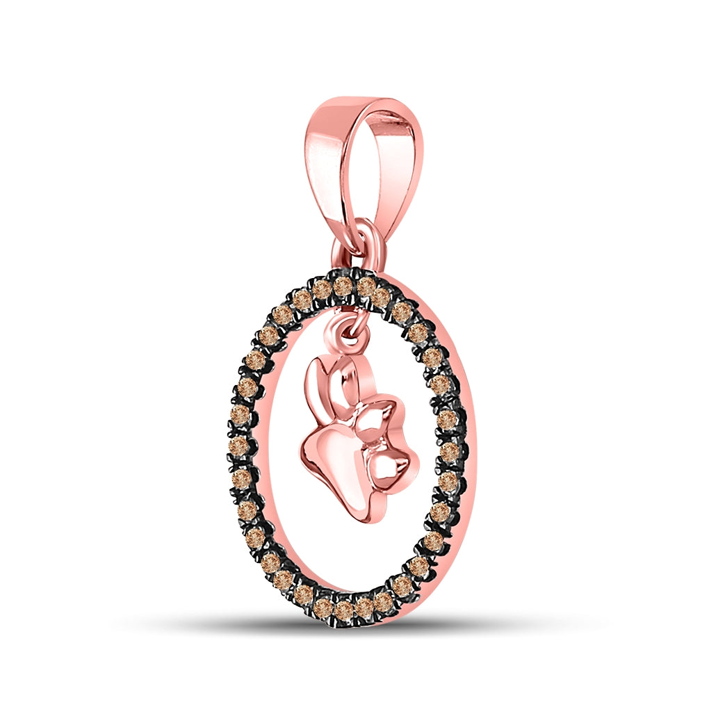 10K Rose Gold Womens Round Brown Diamond Dog Paw Print Circle Pendant 1/5 Cttw