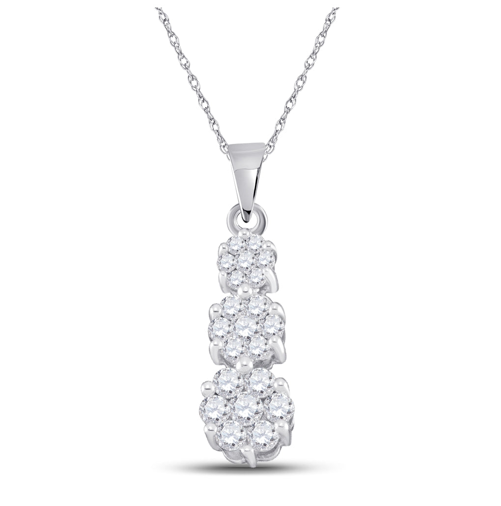 14K White Gold Womens Round Diamond Triple Flower Cluster Pendant 1/2 Cttw, Length: 0.93 In, Width: 0.22 In