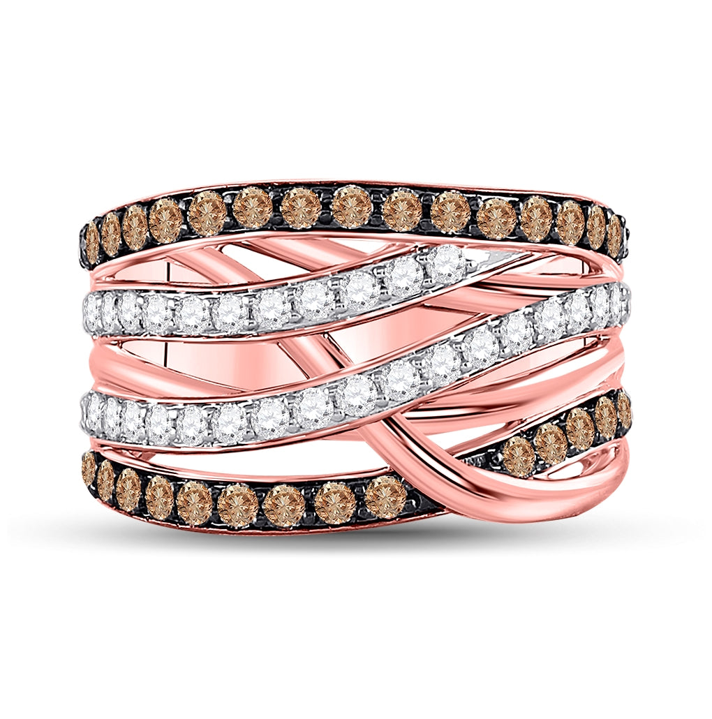 14K Rose Gold Womens Round Brown Diamond Crossover Fashion Ring 1-1/3 Cttw, Womens Size: 5-10