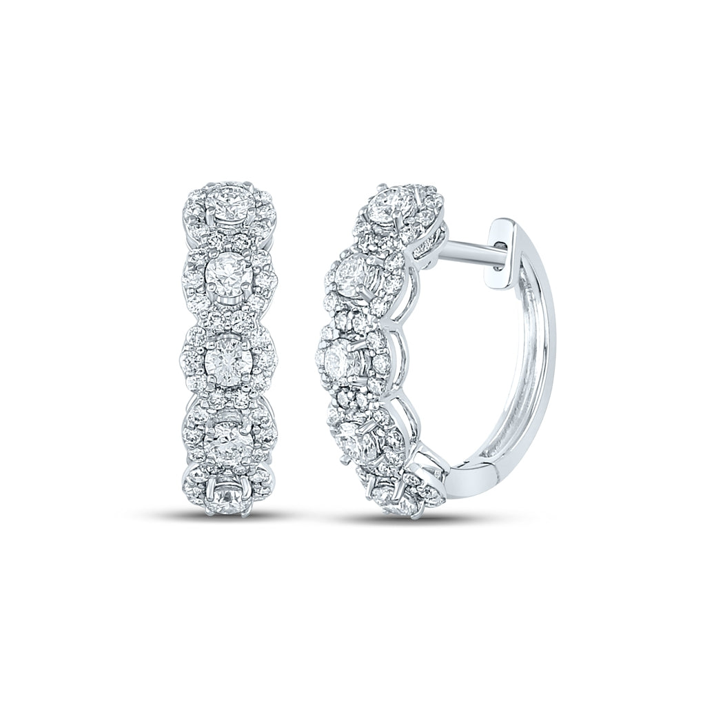 14K White Gold Womens Round Diamond Halo Hoop Earrings 1 Cttw