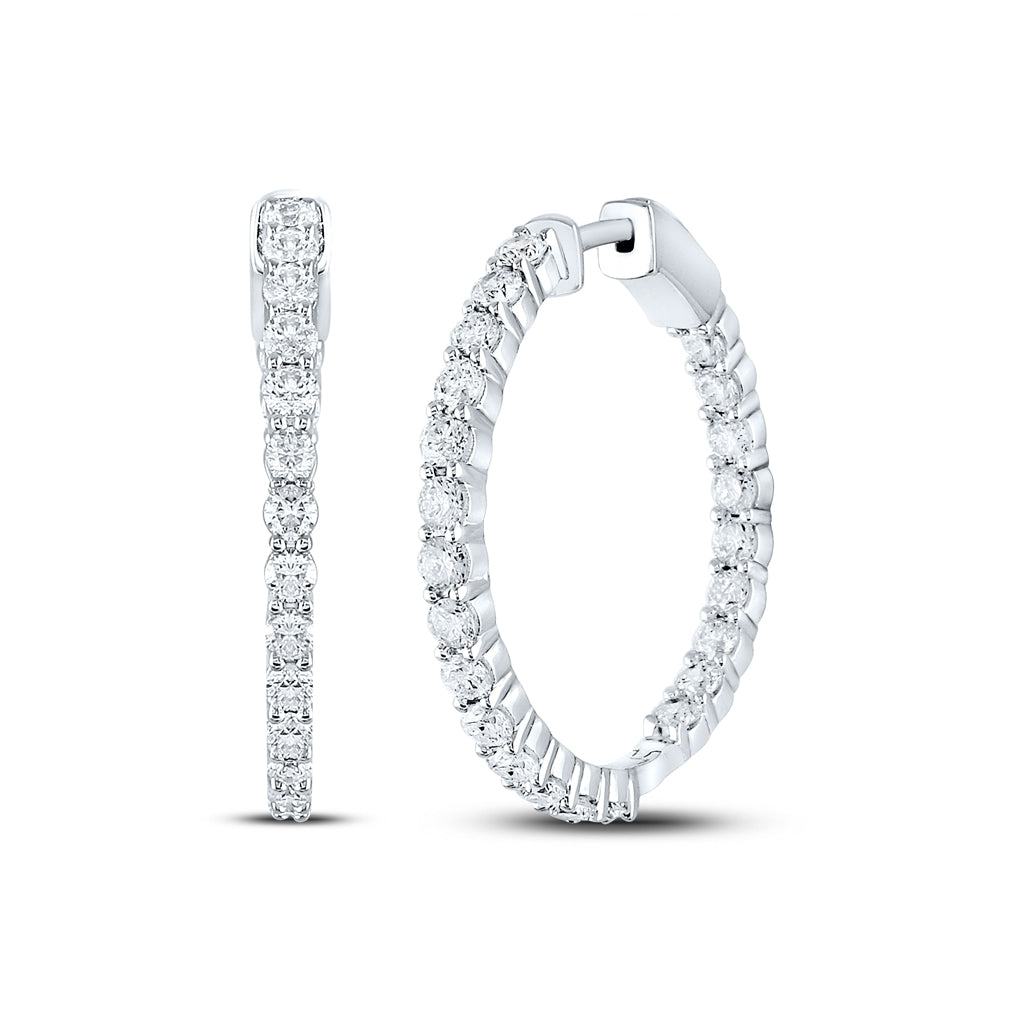 14K White Gold Womens Round Diamond Inside-Outside Hoop Earrings 3ctw