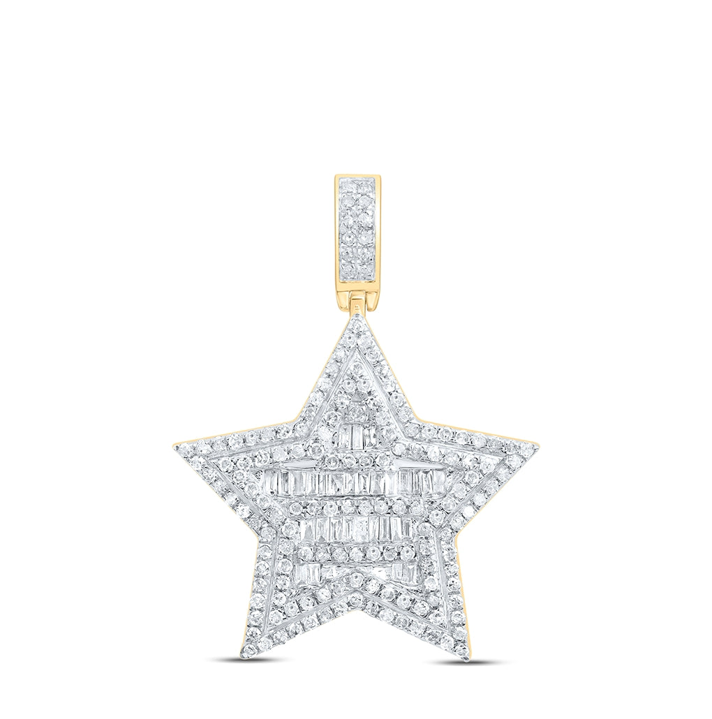 10K Yellow Gold Mens Baguette Diamond Star Charm Pendant 3/4 Cttw, Length: 1.43 In, Width: 1.02 In