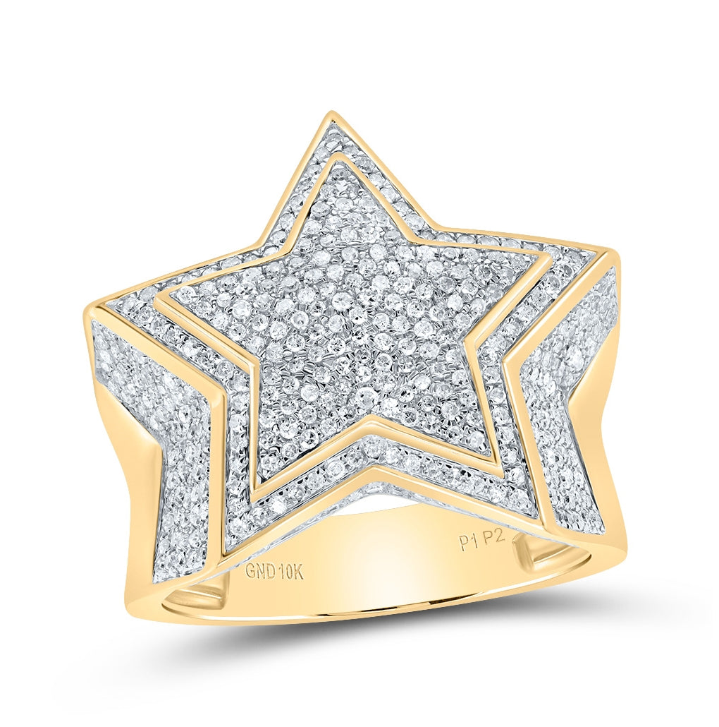 10K Yellow Gold Mens Round Diamond Statement Star Ring 1-1/2 Cttw, Mens Size: 7-13