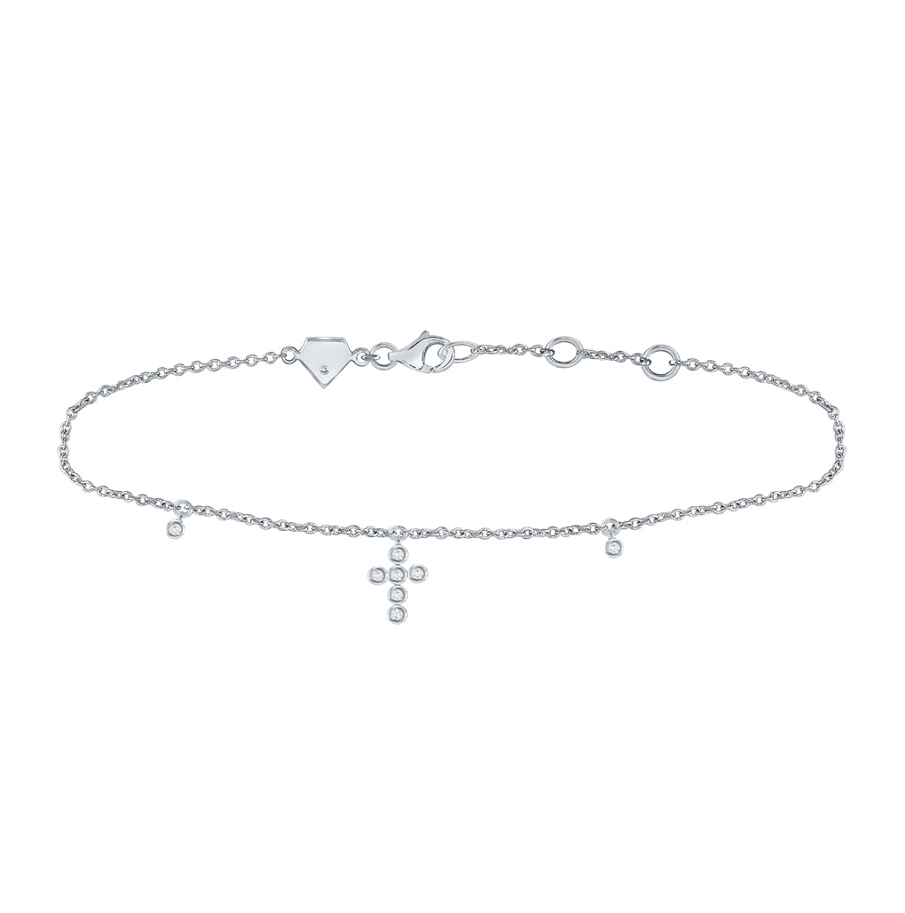Sterling Silver Womens Round Diamond Dangle Cross Bracelet 1/10 Cttw
