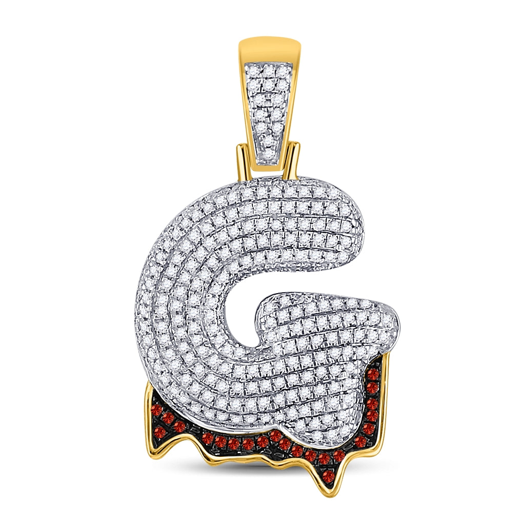 10K Yellow Gold Mens Round Red Color Enhanced Diamond Letter Blood Charm Pendant
