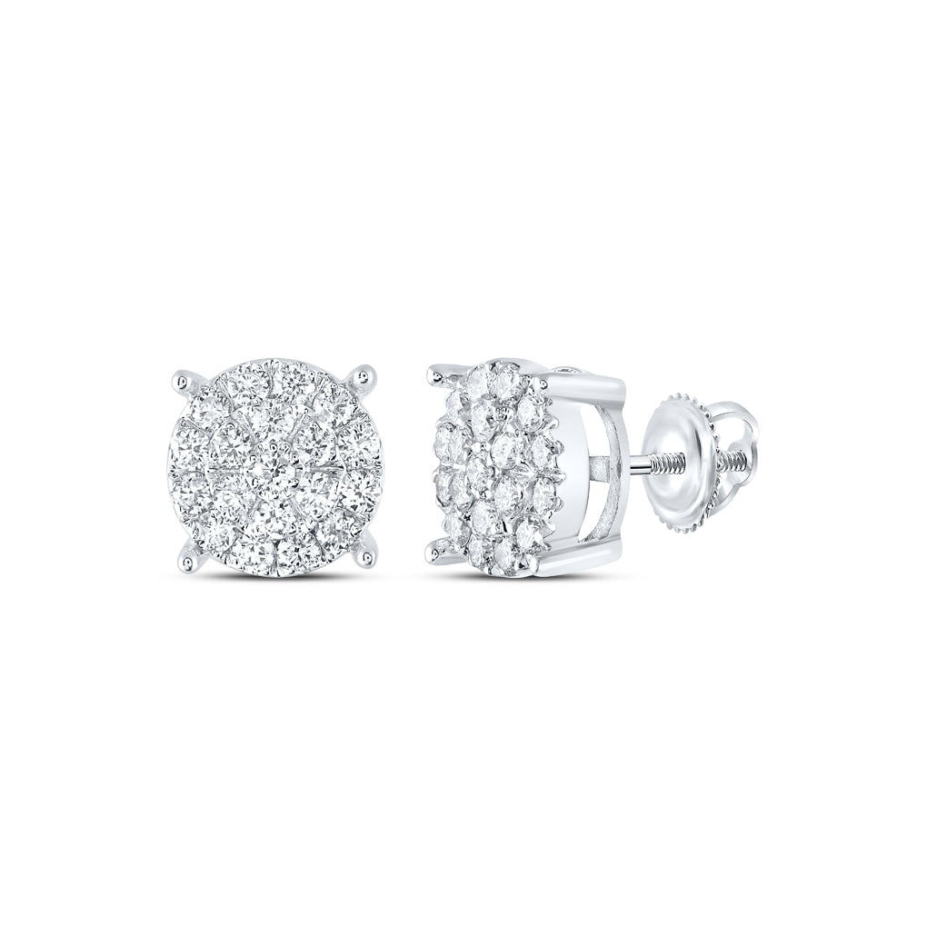 10K White Gold Womens Round Diamond Circle Cluster Earrings 1 Cttw, Length: 0.35 In, Width: 0.35 In