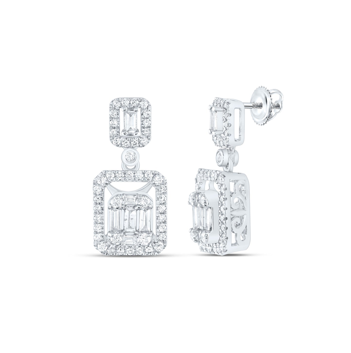 14kt White Gold Womens Baguette Diamond Cocktail Dangle Earrings 1.00 Cttw