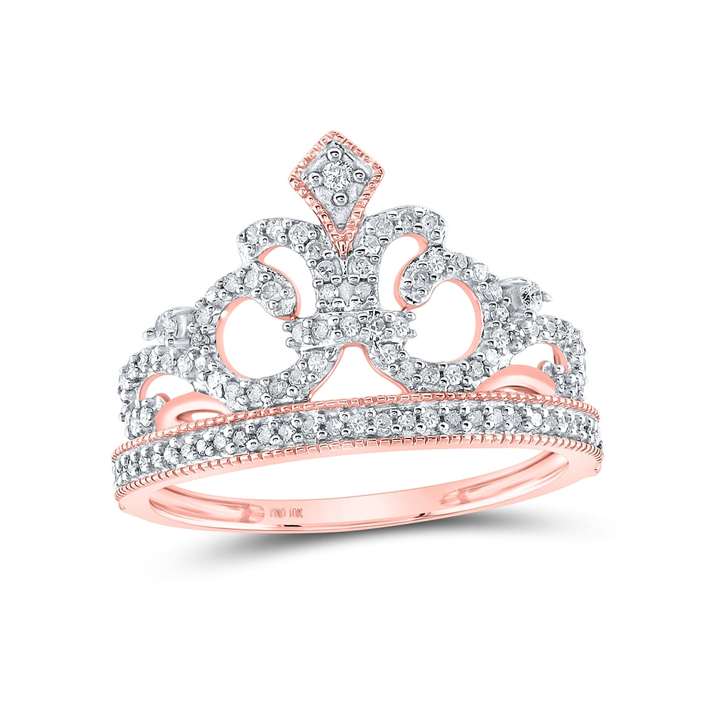 10K Yellow Or White Or Rose Gold Womens Round Diamond Fleur Crown Tiara Fashion Ring , Womens Size: 5-10