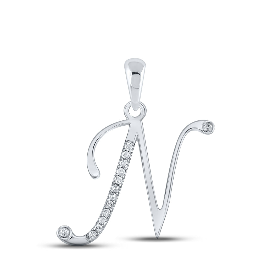 10K White Gold Womens Round Diamond Initial Letter Pendant