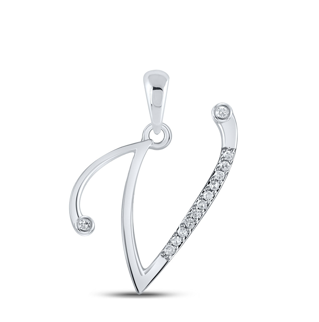 10K White Gold Womens Round Diamond Initial Letter Pendant