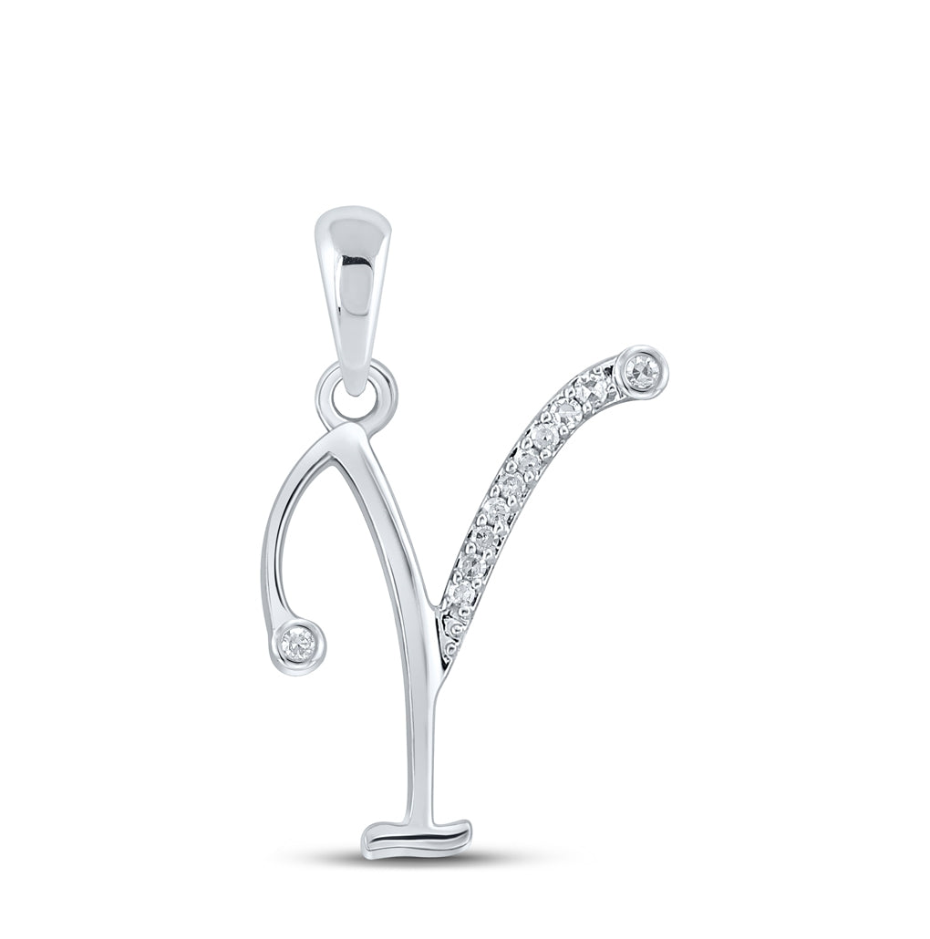 10K White Gold Womens Round Diamond Initial Letter Pendant