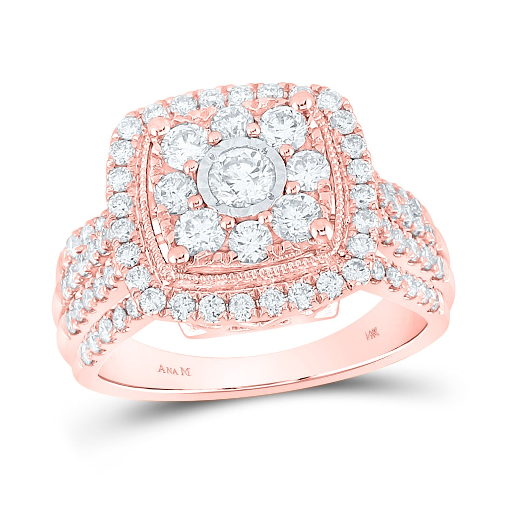 14K Rose Gold Round Diamond Cluster Bridal Wedding Engagement Ring 1-1/2 Cttw, Womens Size: 5-10