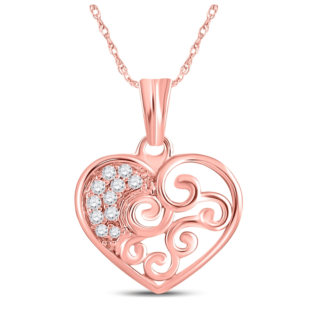 10K Rose Gold Womens Round Diamond Heart Pendant 1/12 Cttw