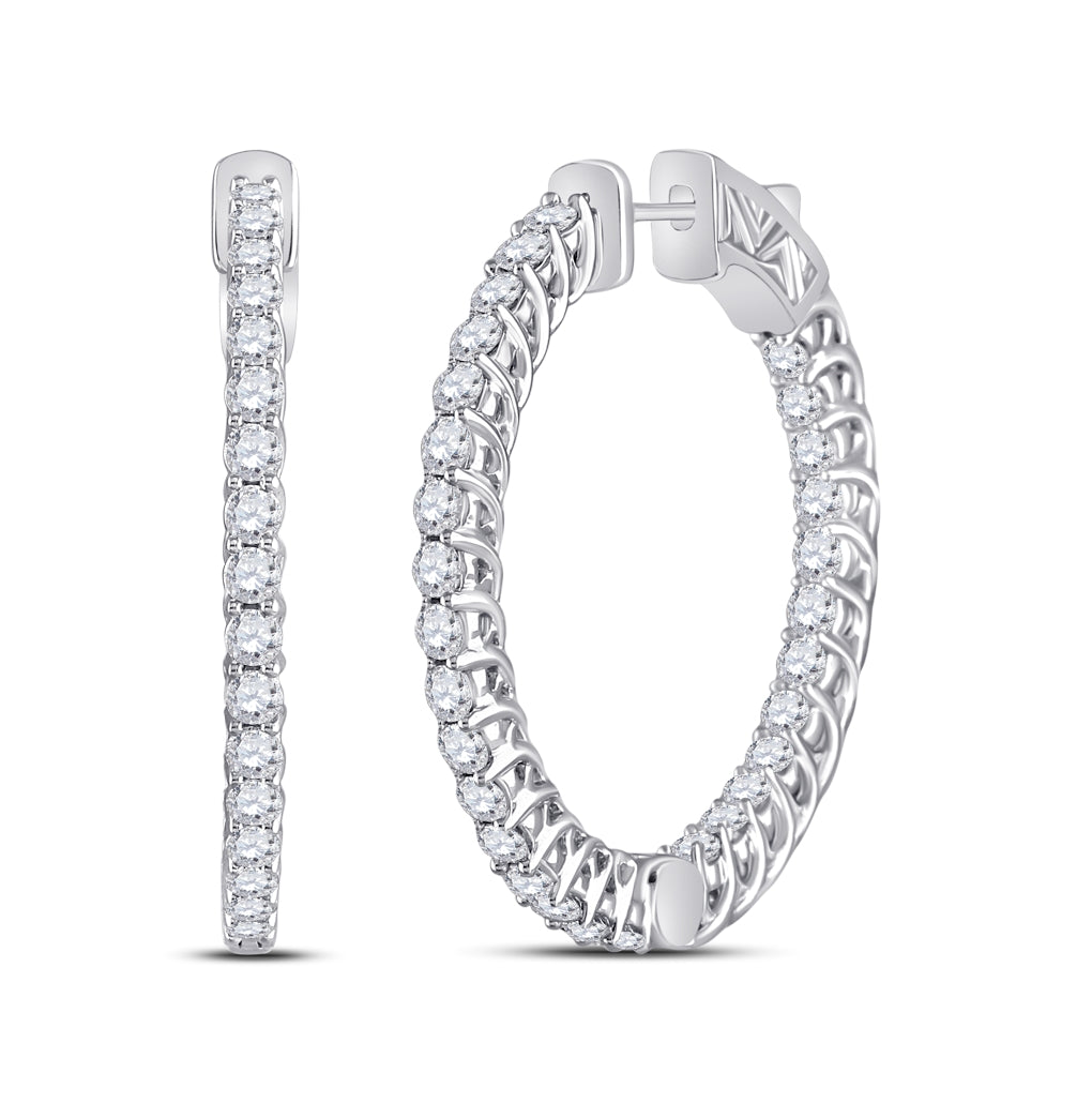 14K White Gold Womens Round Diamond Single Row Hoop Earrings 3 Cttw, Length: 1.34 In