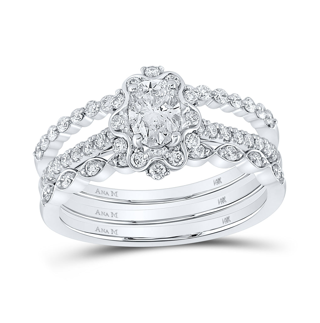 14K White Gold Oval Diamond 3-Piece Bridal Wedding Ring Band Set 1 Cttw, Womens Size: 5-10